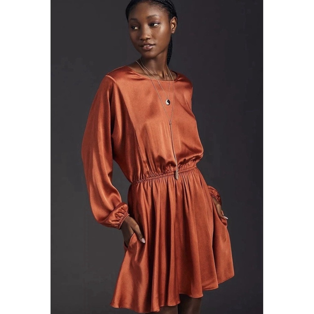 Anthropologie Caballero Long-Sleeve Mini Dress $180 SMALL Coral Satin C37